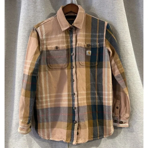 Carhartt Loose Fit Heavyweight Twill Plaid Flannel Shirt Women's Size XS Tan - Picture 1 of 5